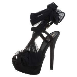 Fendi Black Net Fabric And Suede Ankle Wrap Platform Sandals Size 36
