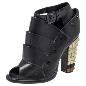 Pre Owned Fendi Black Leather Polifonia Booties Size 36