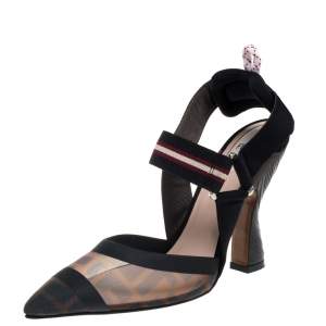 Pre Owned Fendi Black/Brown Mesh And Leather Colibri Slingback Pumps Size 37