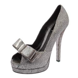 Fendi Silver Brocade Fabric and Textured Leather Deco Bow Peep Toe Platform Pumps Size 38