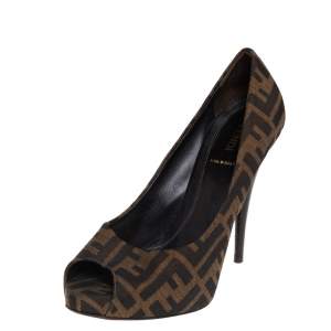Pre Owned Fendi Brown Zucca Canvas Peep Toe Platform Pumps Size 39