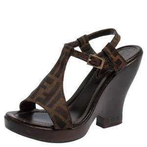 Pre Owned Fendi Brown Zucca Canvas Wedges Ankle Strap Sandals 37.5