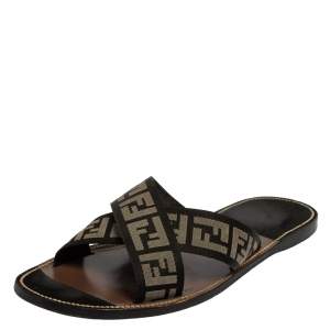 Pre Owned Fendi Black/White Canvas FF Logo Flat Sandals Size 45