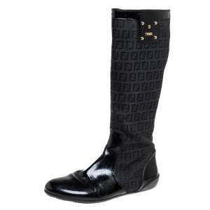 Fendi Black Zucchino Canvas And Patent Leather Knee High Boots Size 38.5