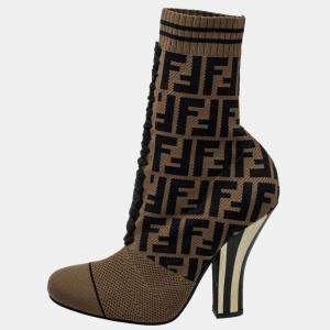 Pre Owned Fendi Brown Knit Fabric FF Logo Ankle Boots Size 39