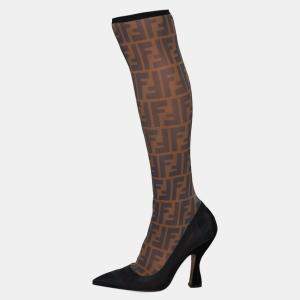 Pre Owned Fendi Black/Beige Zucca Mesh And Fabric Colibri Knee Length Boots Size 39