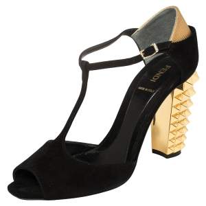 Pre Owned Fendi Black Suede Studded Heel T Strap Sandals Size 39