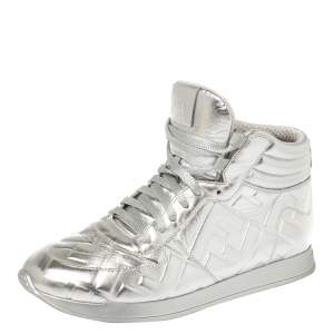 Pre Owned Fendi Silver Leather FF High Top Sneakers Size 38