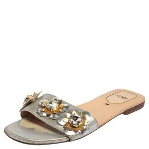 Fendi  Metallic Silver Flowerland Embellished Flat Sandals Size 38