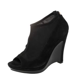 Pre Owned Fendi Black Suede and Fabric Peep Toe Platform Ankle Booties Size 39