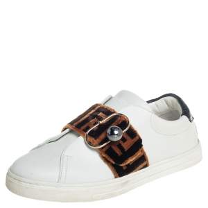 Fendi White/Brown Leather And Velvet Pearland Slip On Sneakers  Size 36