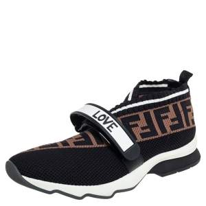 Pre Owned Fendi Black/Brown Mesh And FF Zucca Knit Fabric Rockoko Sneakers Size 41