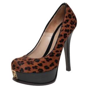 Pre Owned Fendi Brown Leopard Print Pony Hair Logo Decollete Heels Platform Pumps Size 35