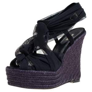Pre Owned Fendi Black Fabric and Suede Wedge Espadrille Tie Up Sandals Size 38