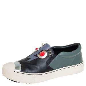 Pre Owned Fendi Black/Grey Leather Monster Slip On Sneakers Size 38