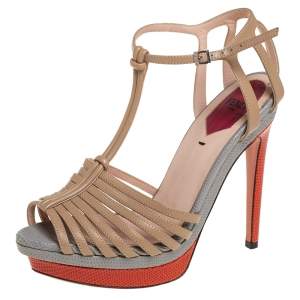 Pre Owned Fendi Beige Leather and Lizard-Embossed Strappy Platform Ankle Strap Sandals Size 35.5