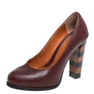 Fendi Burgundy Leather Pequin Block Heel Pumps Size 35