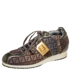 Pre Owned Fendi Tobacco Zucca Canvas And Leather Trim Low Top Sneakers Size 37.5