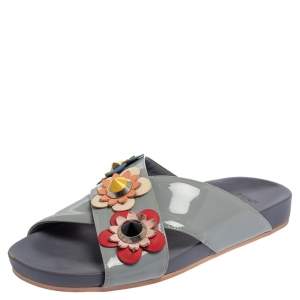 Pre Owned Fendi Grey Leather Flowerland Slide Sandals Size 37