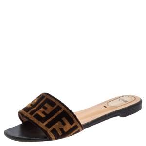 Pre Owned Fendi Tobacco Zucca Velvet Flat Slide Sandals Size 38