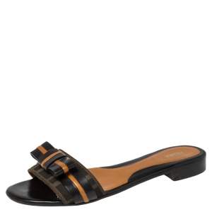 Pre Owned Fendi Brown Zucca Canvas And Black Leather Bow Flat Slides Size 40