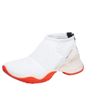 Pre Owned Fendi White/Orange Stretch Mesh And Suede FFluid Sneakers Size 39
