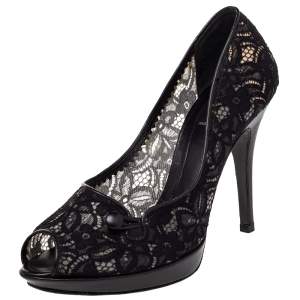 Pre Owned Fendi Black Lace And Leather Button Detail Peep Toe Pumps Size 39