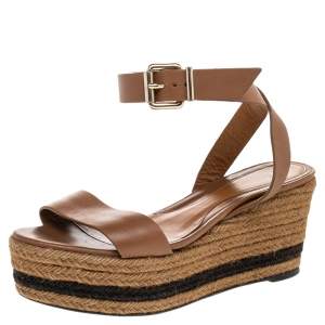 Pre Owned Fendi Brown Leather Ankle Strap Espadrille Wedge Sandals Size 38