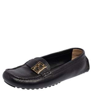 Pre Owned Fendi Black Leather FF Slip On Loafers Size 38.5