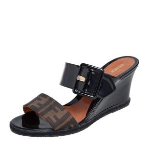 Pre Owned Fendi Black/Tobacco Zucca Canvas and Patent Leather Platform Wedge Sandals Size 41