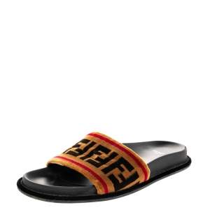 Pre Owned Fendi Brown FF Velvet Monogram Slide Sandals Size 38