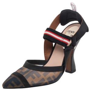 Pre Owned Fendi Brown/Black Zucca Mesh And Leather Colibri Slingback Sandals Size 39