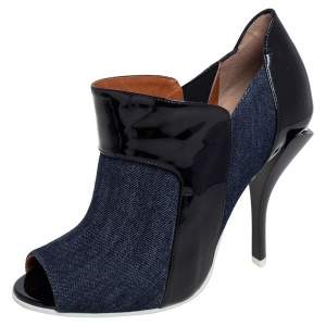 Pre Owned Fendi Blue/Black Patent Leather and Canvas Peep Toe Booties Size 40