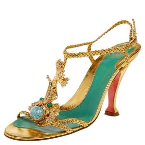 Pre Owned Fendi Gold Braided Foil Leather Embellished Ankle Strap Sandals Size 38.5