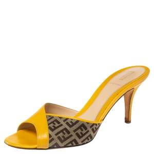 Fendi Yellow/Brown Leather and Zucca Canvas Slide Sandals Size 38