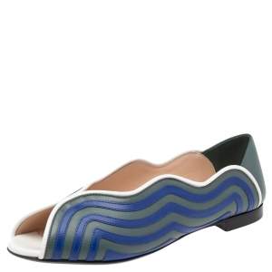 Pre Owned Fendi Blue/Grey Leather Peep Toe Scallop Flats Size 36