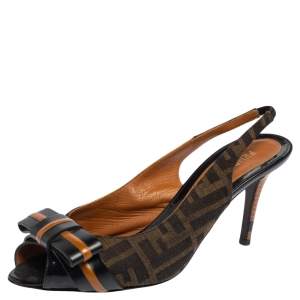 Pre Owned Fendi Black/Brown Zucca Canvas And  Leather Bow Slingback Sandals Size 39