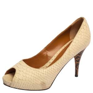 Pre Owned Fendi Cream Python Embossed Leather Peep Toe Platform Pumps Size 38.5