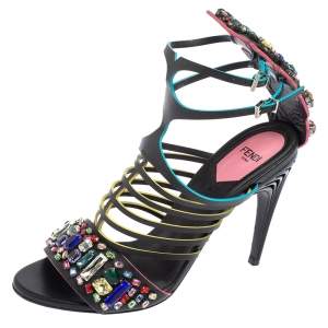 Pre Owned Fendi Black Leather Jewel Embellished Runway Strappy Sandals Size 37.5