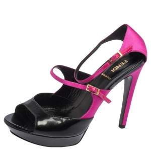 Fendi Black/Pink Satin and Patent Leather Open Toe Ankle Strap Platform Sandals Size 38