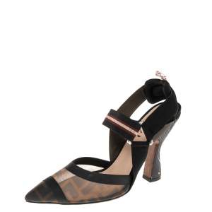 Fendi Beige/Black Mesh And Canvas Colibrì Slingback  Sandals Size 38  