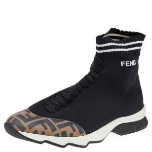 Pre Owned Fendi Black/Zucca Knit Fabric And Synthetic Leather Sock High Top Sneakers Size 39