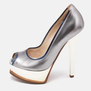 Fendi Silver/Blue Leather Fendista  Peep Toe Pumps Size 35
