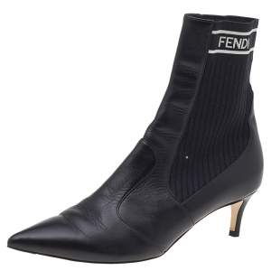 Pre Owned Fendi Black Leather And Stretch Knit Fabric Rockoko Ankle Boots Size 37.5