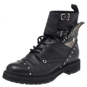 Fendi Black Leather Embellished Buckle Strap Ankle Boots Size 37