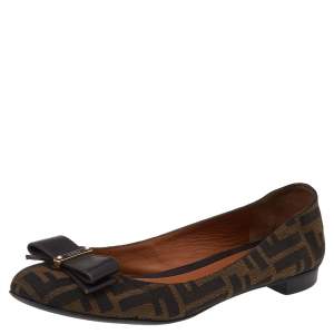 Pre Owned Fendi Brown FF Canvas And Leather Bow Ballet Flats Size 38