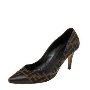 Pre Owned Fendi Brown/Tobacco Canvas And Leather Pointed Toe Pumps Size 41