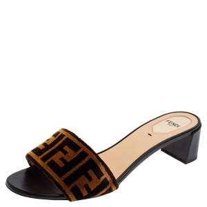 Pre Owned Fendi Brown/Black Zucca Velvet Slide Sandals Size 40