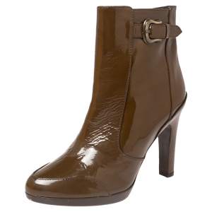 Fendi Brown Patent Leather Buckle Ankle Boots Size 39