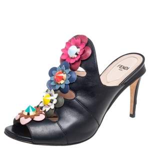 Fendi Black Leather Floral Appliqué Mule Open Toe Sandals Size 37